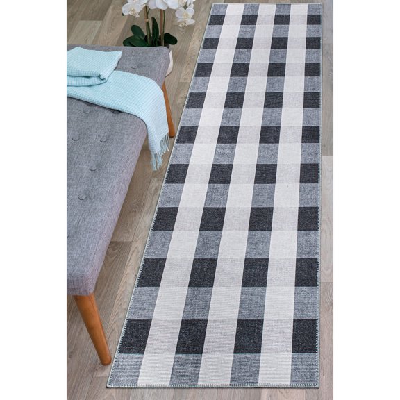 World Rug Gallery Contemporary Checkered Machine Washable 2'6"x7' Gray Runner Rug
