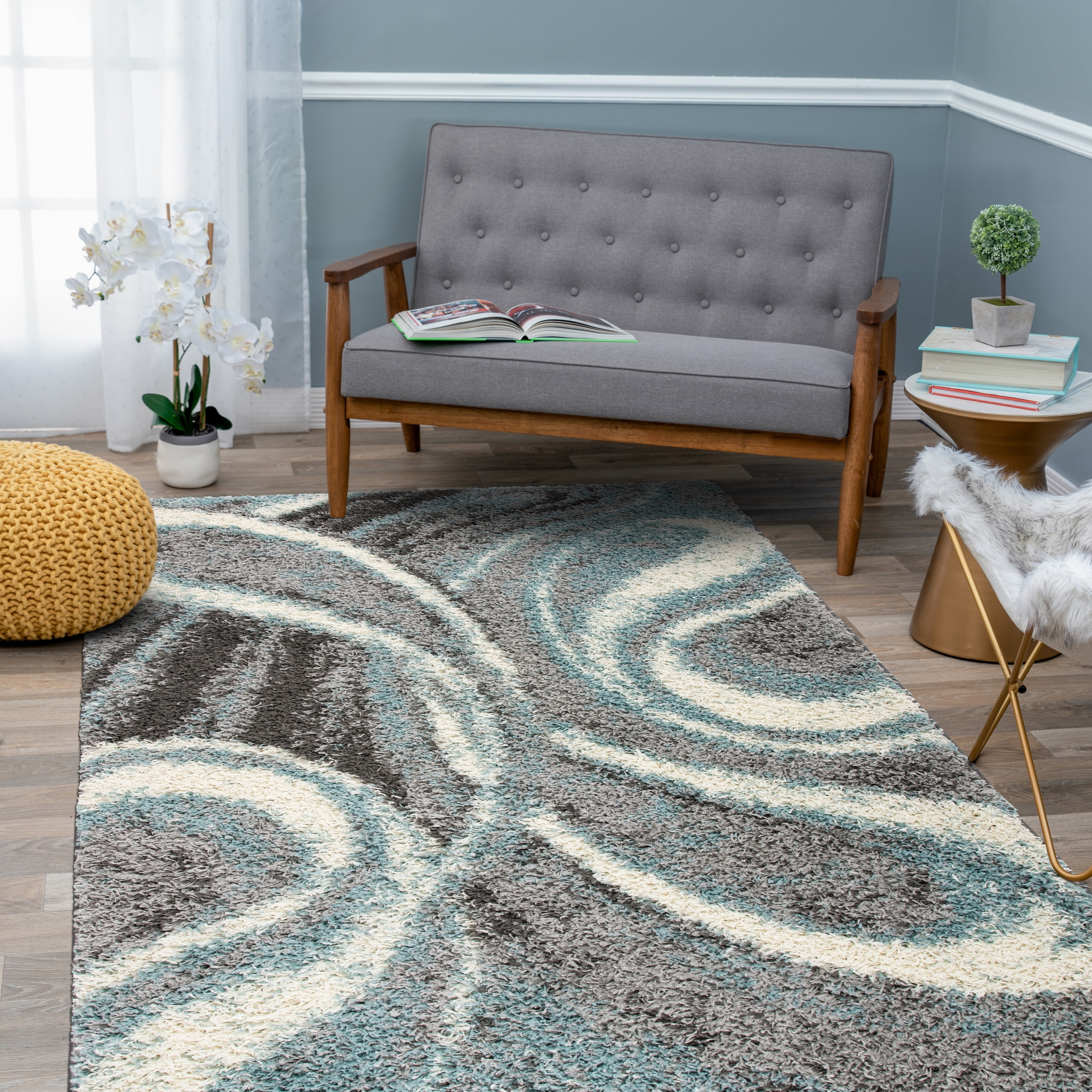 Blue and Gray Abstract Shag 5' x 7' Area Rug