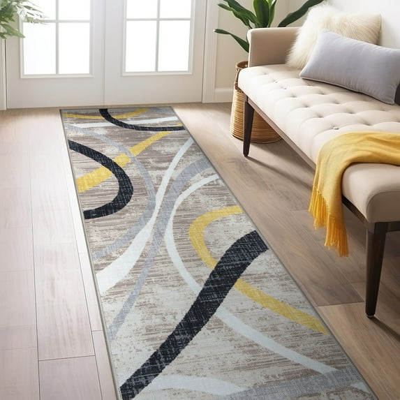 World Rug Gallery Contemporary Distressed Abstract Lines Non Slip Area Rug - YELLOW 2'x7'