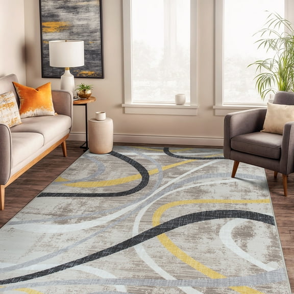 World Rug Gallery Contemporary Distressed Abstract Lines Non Slip Area Rug - YELLOW 5'X7'