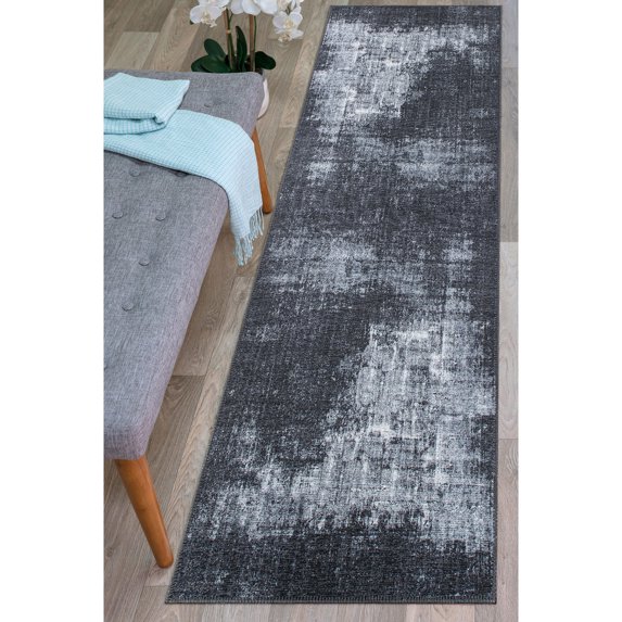 World Rug Gallery Contemporary Distressed Abstract Machine Washable 2'6"x10' Dark Gray Runner Rug