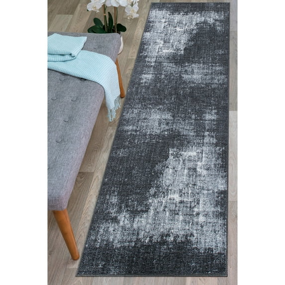 World Rug Gallery Contemporary Distressed Abstract Machine Washable 2'6"x7' Dark Gray Runner Rug