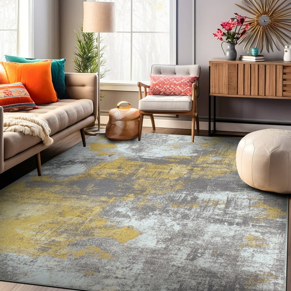 World Rug Gallery Contemporary Distressed Abstract Non Slip Area Rug - YELLOW 5'X7'