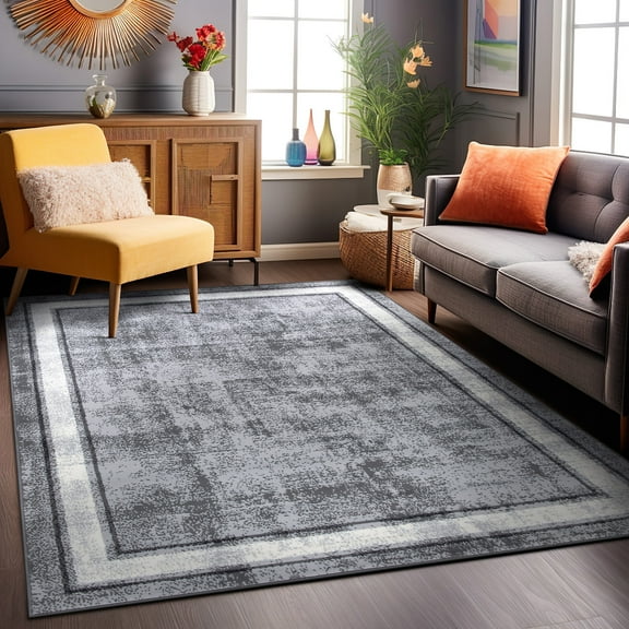 World Rug Gallery Contemporary Distressed Bordered Area Rug - Gray 5'x7'