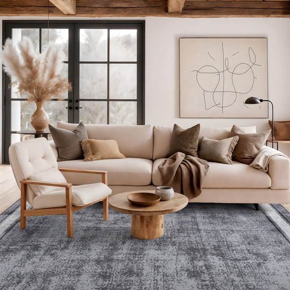 World Rug Gallery Contemporary Distressed Bordered Area Rug - Gray 5'x7'