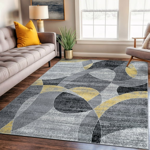 World Rug Gallery Contemporary Distressed Circle Area Rug - YELLOW 5' X 7'