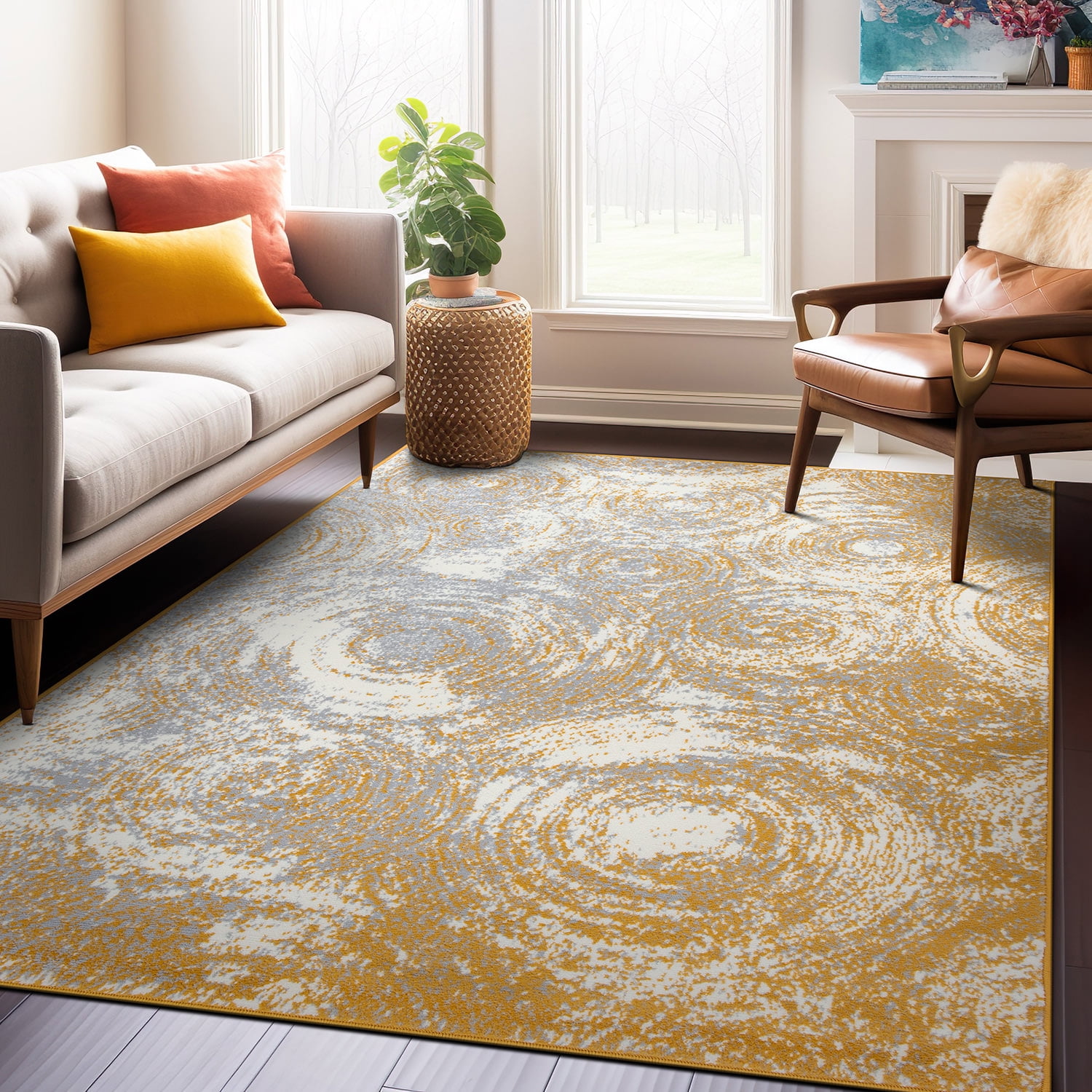 Yellow and Gray 5' x 7' Reversible Synthetic Area Rug