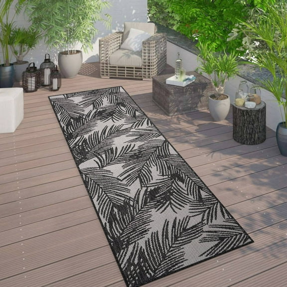 World Rug Gallery Contemporary Distressed Leaves Textured Flat Weave Indoor/Outdoor Area Rug - BLACK 2'x7'