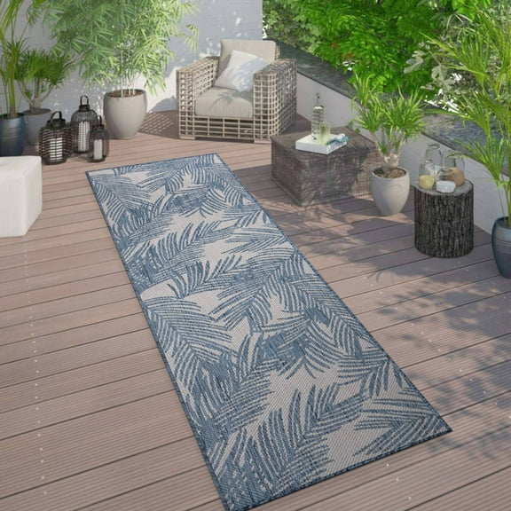 World Rug Gallery Contemporary Distressed Leaves Textured Flat Weave Indoor/Outdoor Area Rug - BLUE 2'x7'