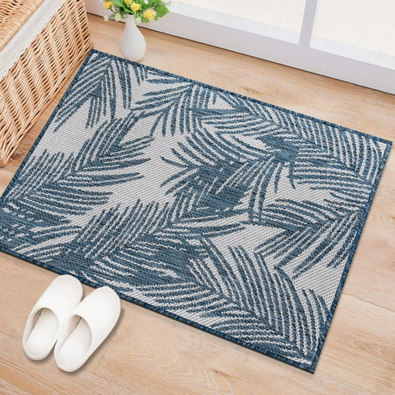 World Rug Gallery Contemporary Distressed Leaves Textured Flat Weave Indoor/Outdoor Door Mat - NAVY 2'x3'