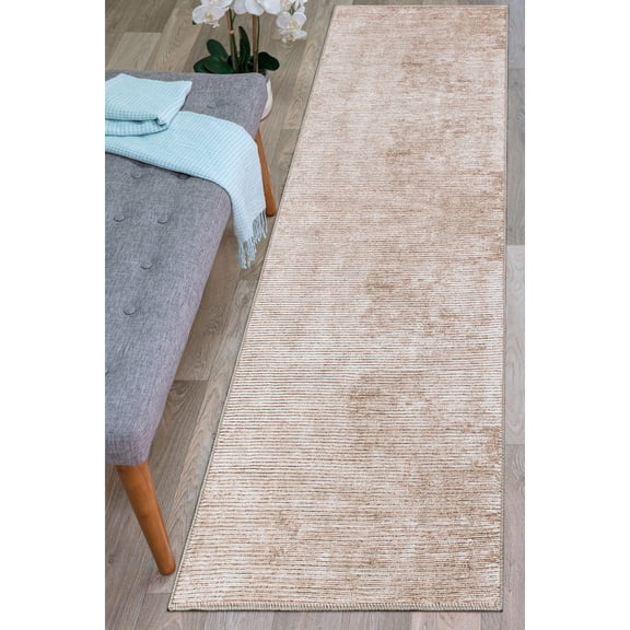 World Rug Gallery Contemporary Distressed Stripe Machine Washable 2'6"x7' Beige Runner Rug