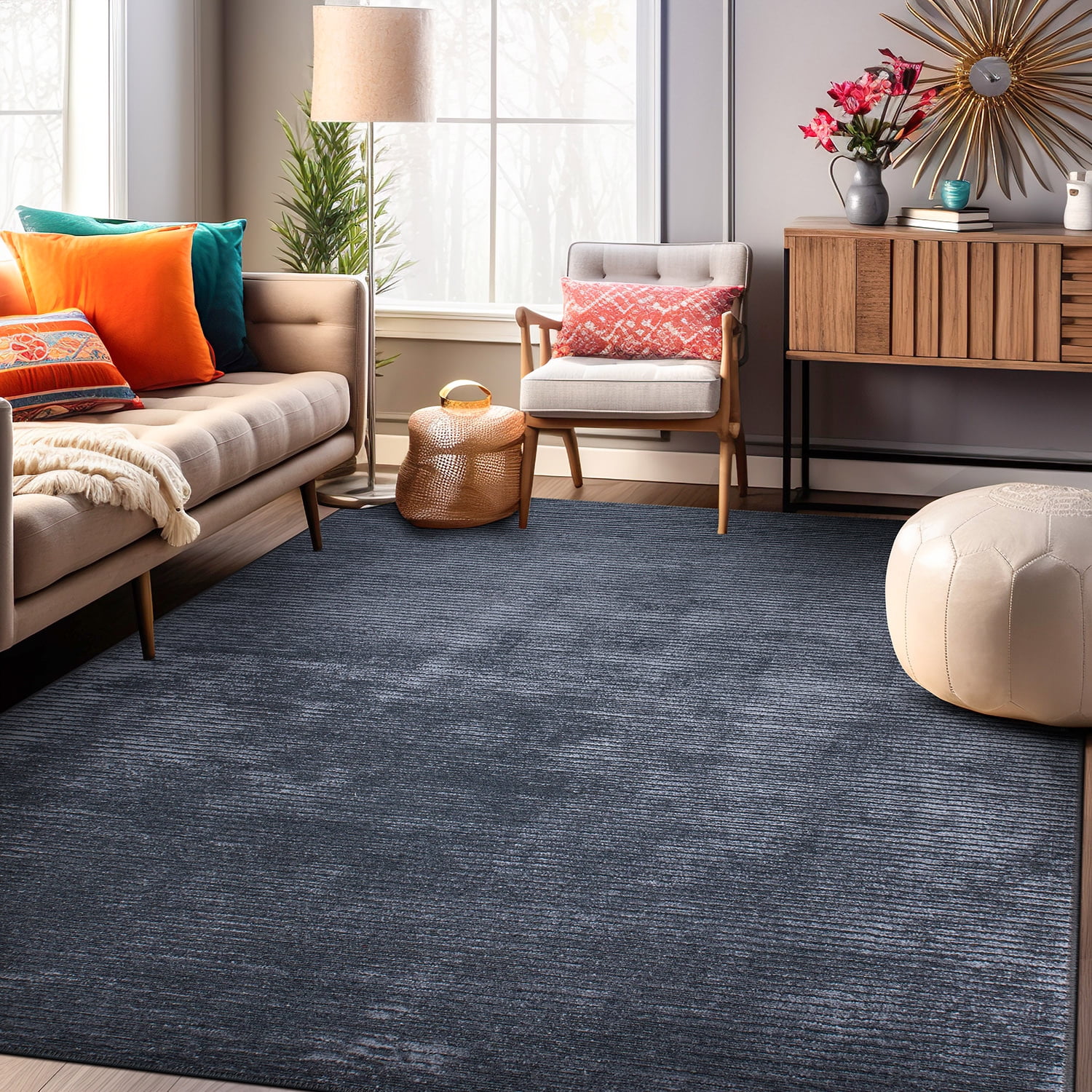 Dark Gray Flat Woven Stripe Synthetic Area Rug 5' x 7'