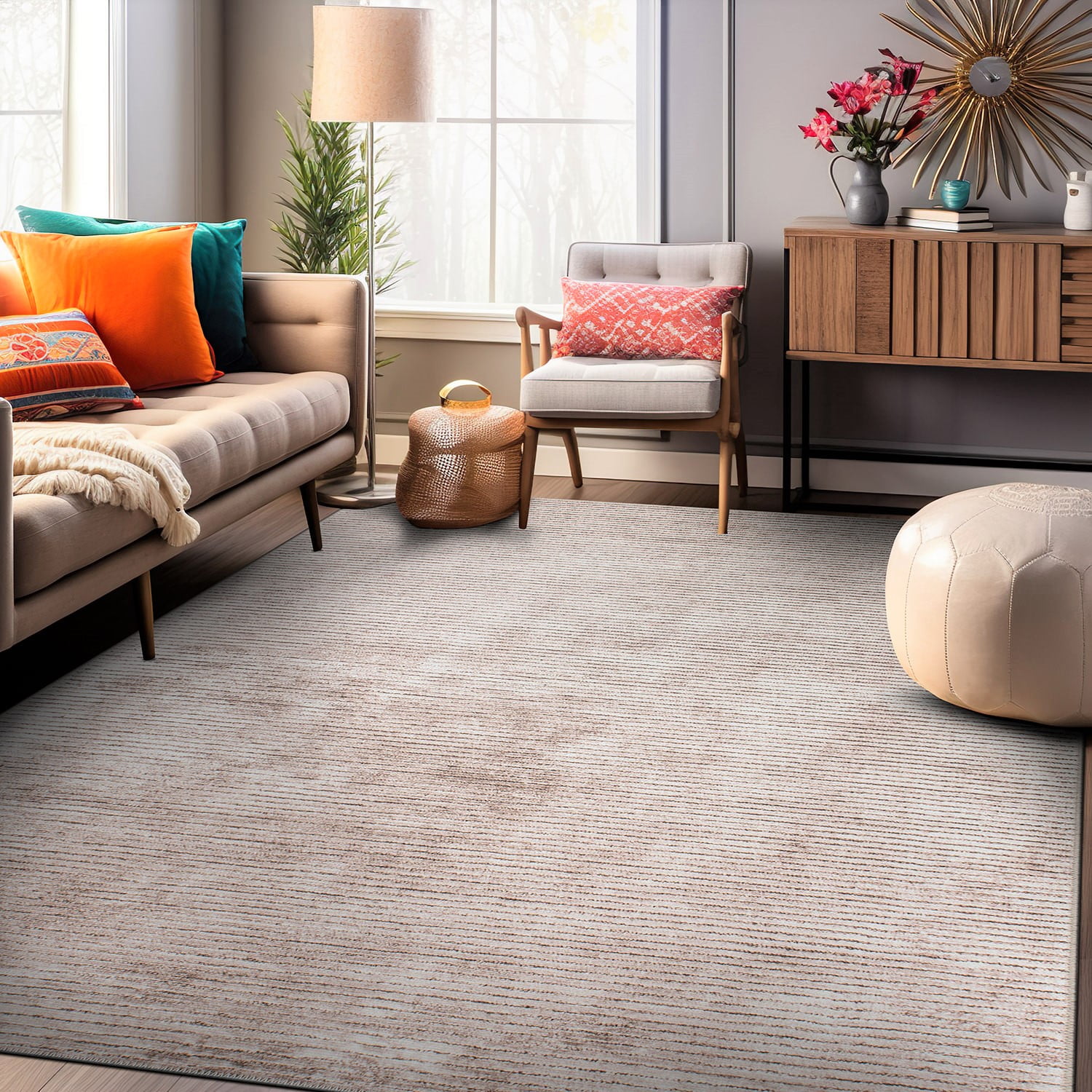 Beige Rectangular Flat Woven Stripe Machine Washable Area Rug