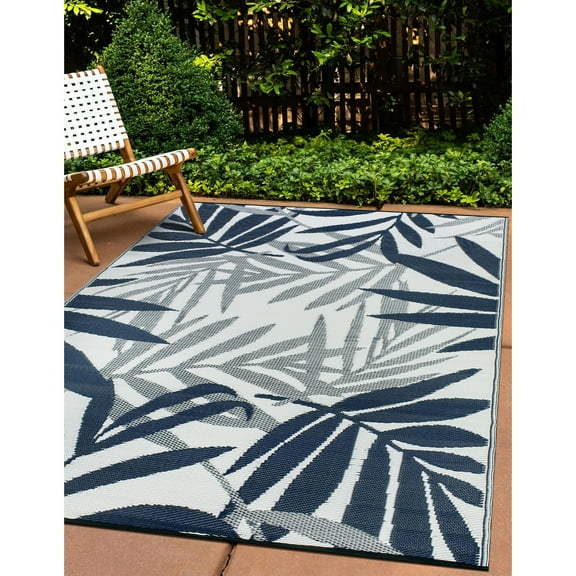 World Rug Gallery Contemporary Floral Leaves Reversible Recycled Plastic Outdoor Picnic Mat, Camping Rug, RV Rug - NAVY 3'3"x5'