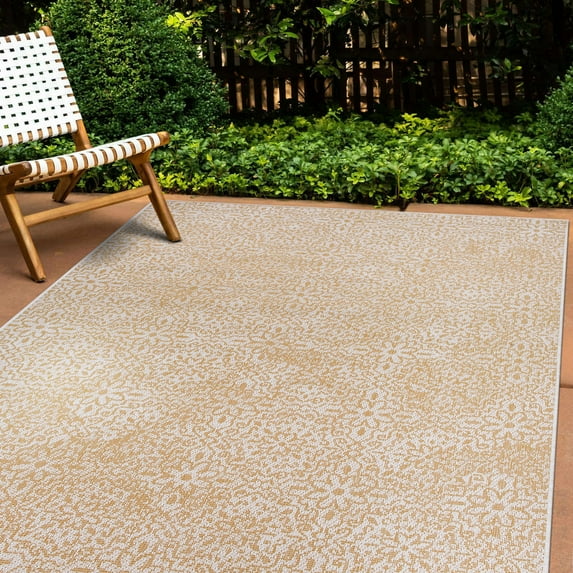 World Rug Gallery Contemporary Flowers Weather Resistant Reversible Indoor/Outdoor Area Rug - Yellow 7'10"x10'