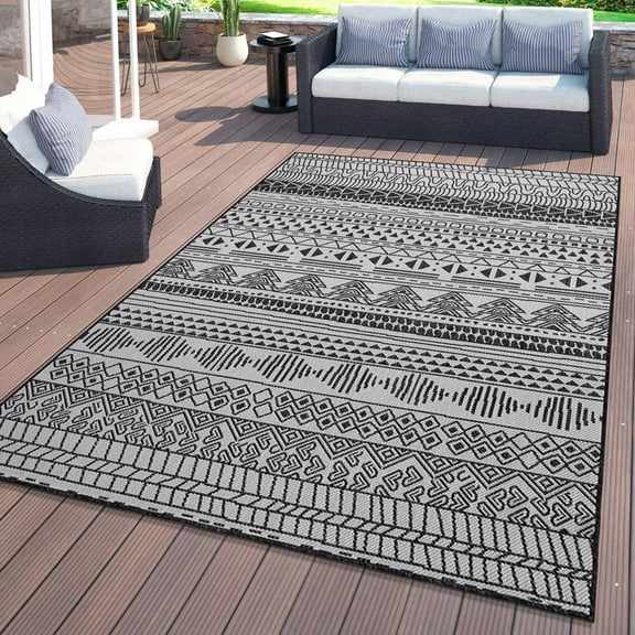 World Rug Gallery Contemporary Geometric Bohemian Textured Flat Weave Indoor/Outdoor Area Rug - BLACK 7'10"X10'