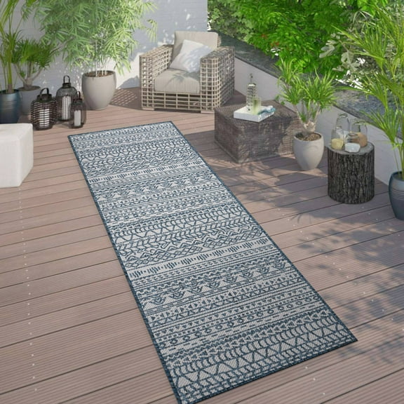 World Rug Gallery Contemporary Geometric Bohemian Textured Flat Weave Indoor/Outdoor Area Rug - BLUE 2'x7'