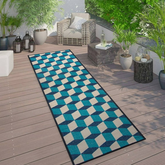 World Rug Gallery Contemporary Geometric Flatweave Indoor/Outdoor Area Rug - BLUE 2'x7'
