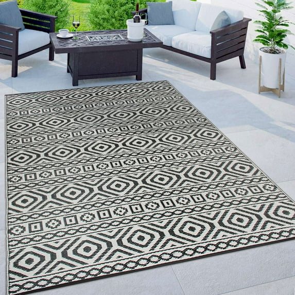 World Rug Gallery Contemporary Geometric Reversible Plastic Indoor and Outdoor Picnic Mat, Camping Rug, RV Rug - BLACK 3'x5'