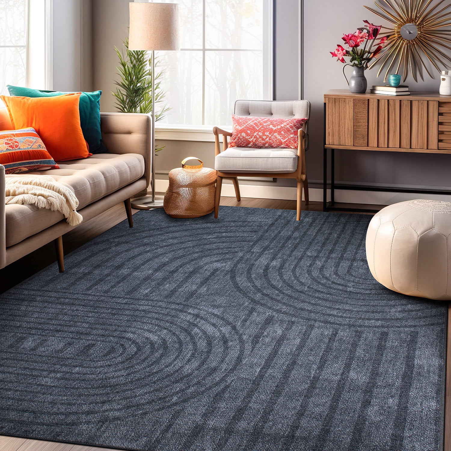 Dark Gray Geometric Flat Woven Machine Washable Area Rug