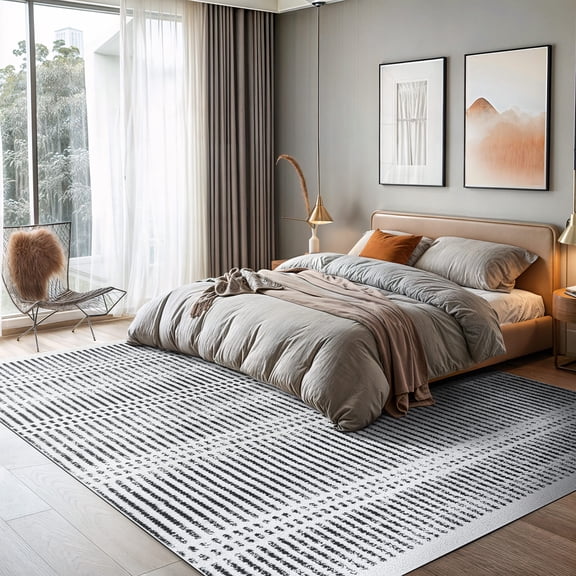 World Rug Gallery Contemporary Minimalist Stripe Lines Indoor Area Rug, Low Pile, Cream, 5' x 7'