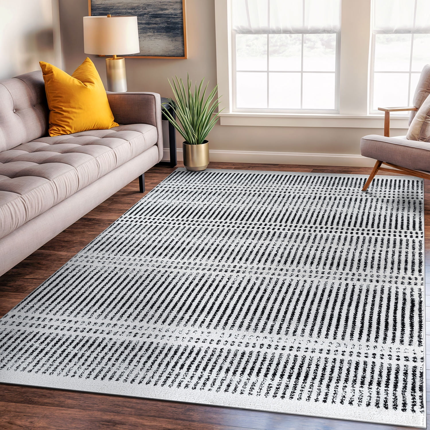 Cream and Black Rectangular Synthetic Stripe Area Rug 7'10" x 10'