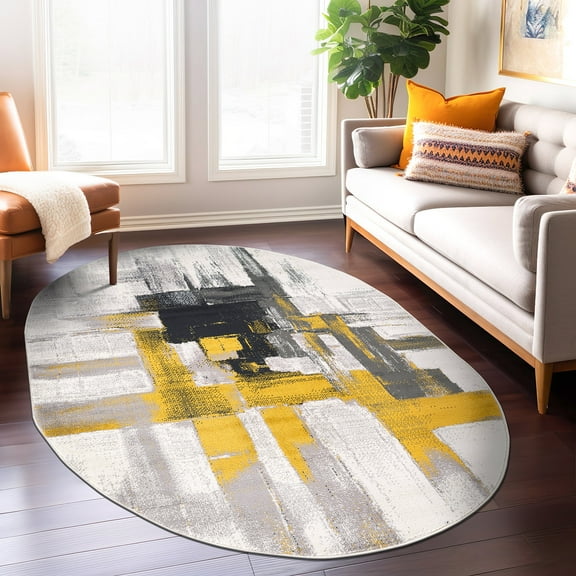 World Rug Gallery Contemporary Modern Abstract Area Rug - Gold 5'x6'6" Oval