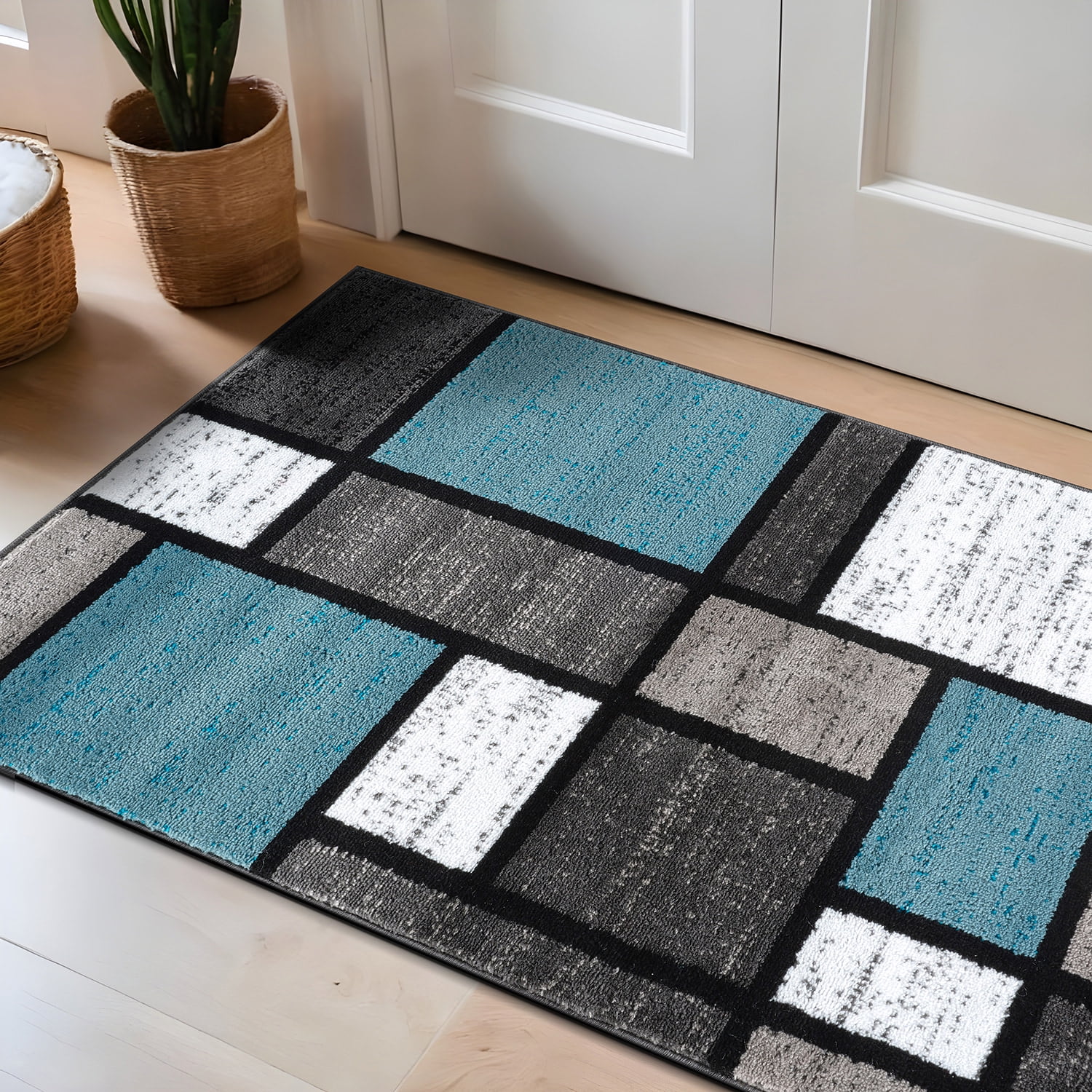 Blue Geometric Modern Synthetic Area Rug 2'7" x 4'