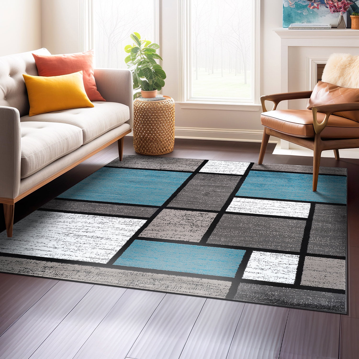 Contemporary Blue and Gray Geometric Square Area Rug