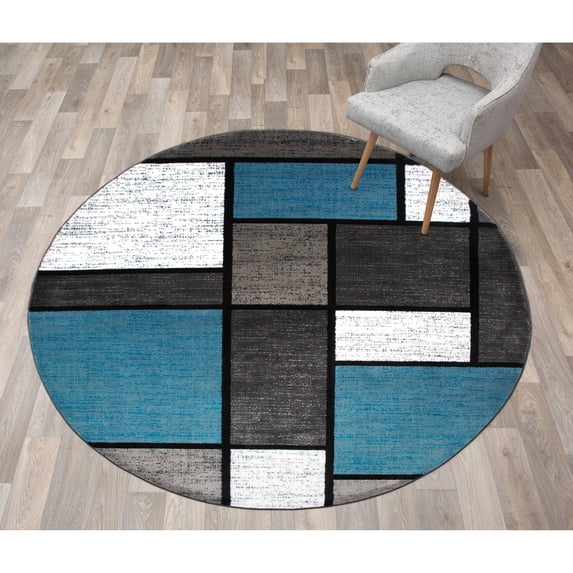 World Rug Gallery Contemporary Modern Boxed Color Block Area Rug - Blue 8' Round