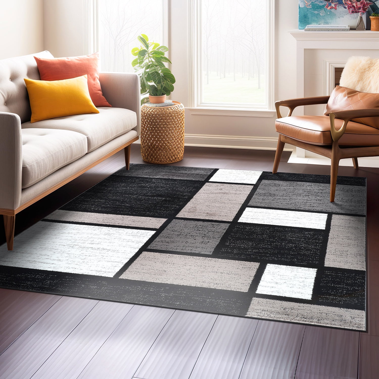 Gray and Black Geometric Square Area Rug 6'6" x 6'6"