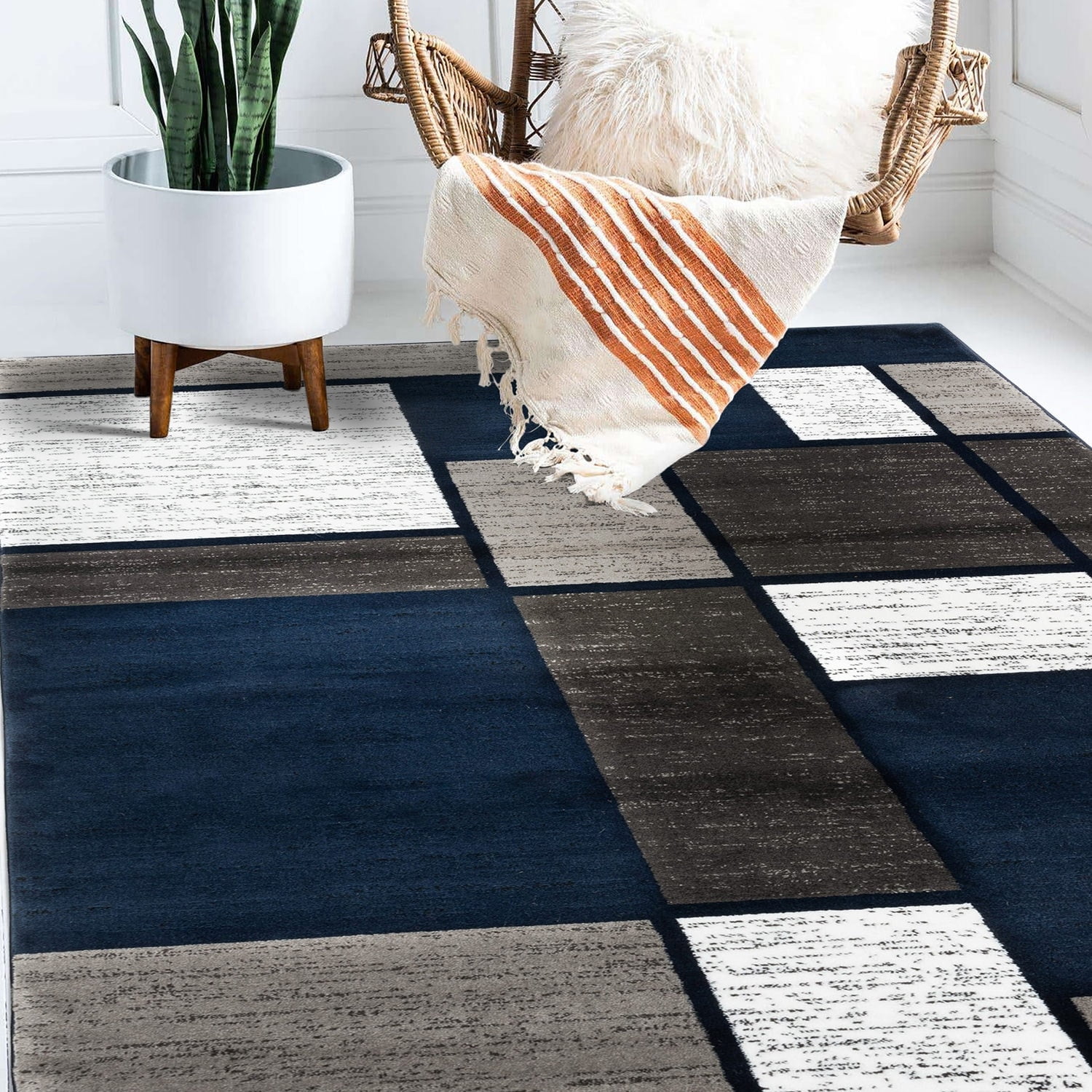 Navy and Gray Geometric 9' x 12' Synthetic Area Rug