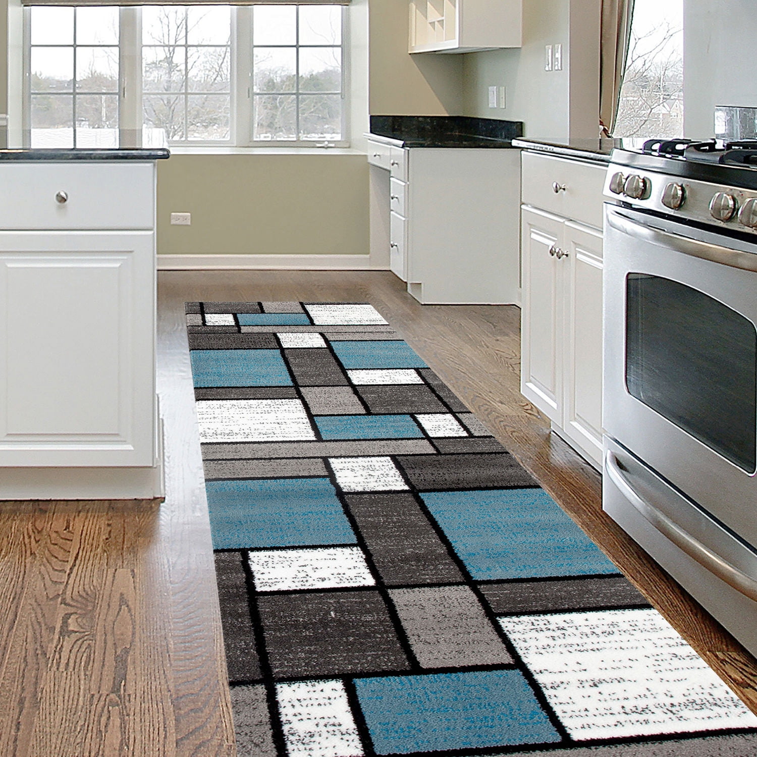 Contemporary Blue and Gray Geometric Synthetic Runner Rug 2' x 10'