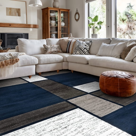 World Rug Gallery Contemporary Modern Boxed Color Block Navy 5'3"x7'3" Indoor Area Rug