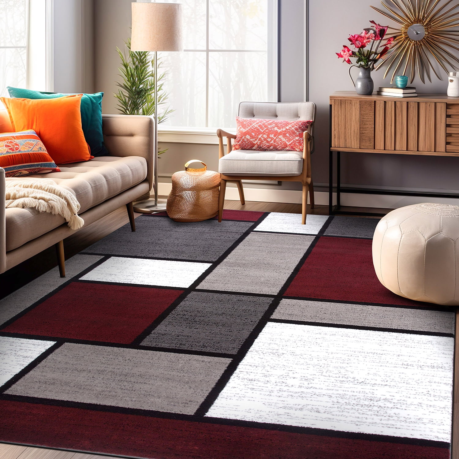 Red and Gray Geometric Rectangular Synthetic Area Rug