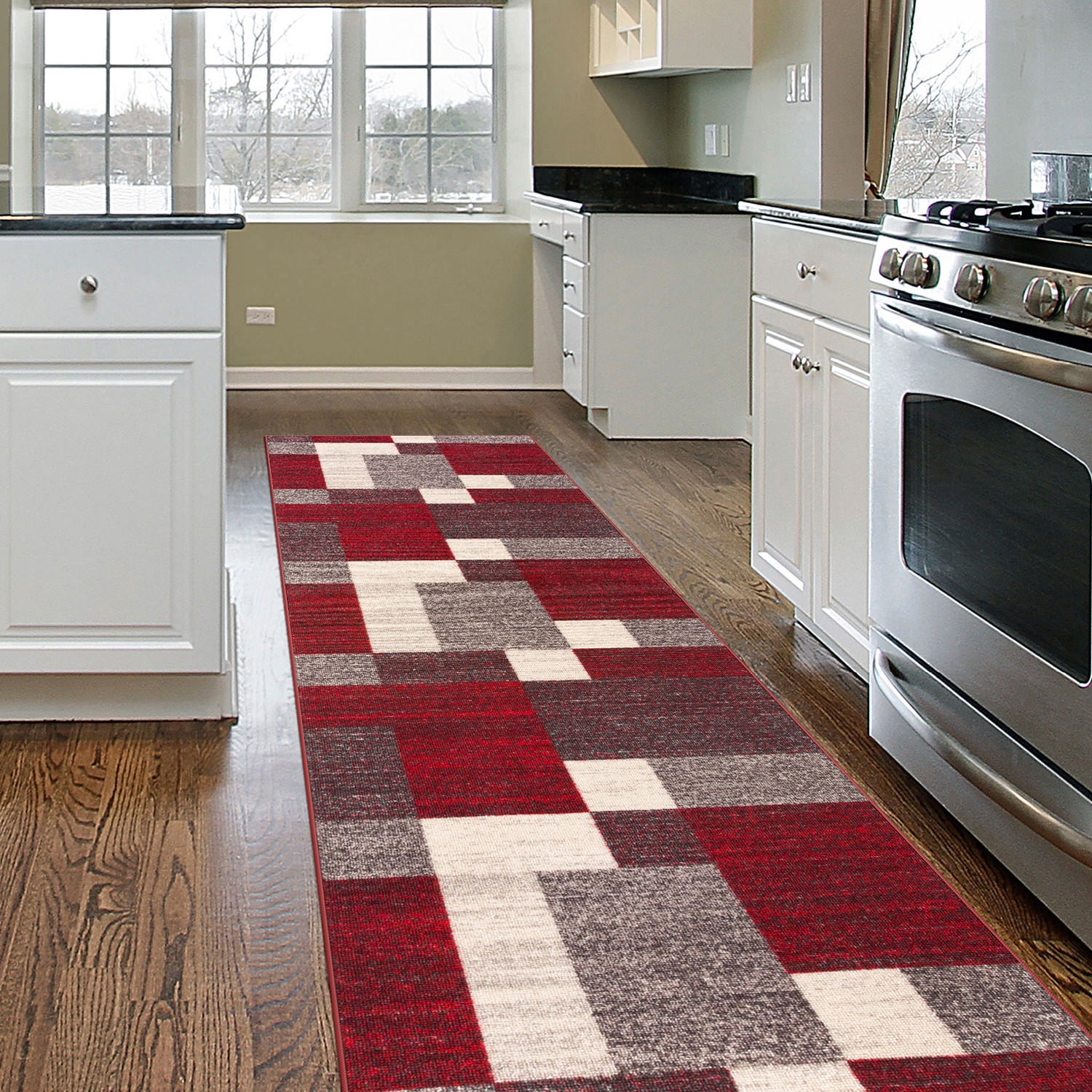 Red and Gray Geometric Non-Slip Runner Rug 22" x 84"