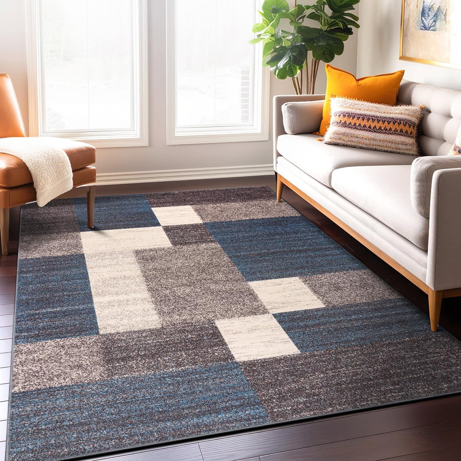 Blue and Beige Geometric Tufted Reversible Area Rug