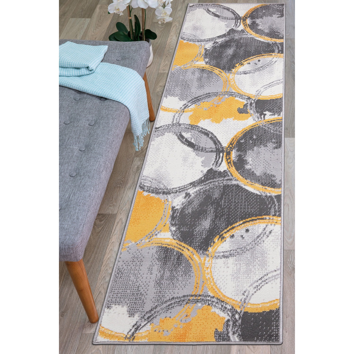 World Rug Gallery Contemporary Modern Circles Area Rug Yellow 2'x7