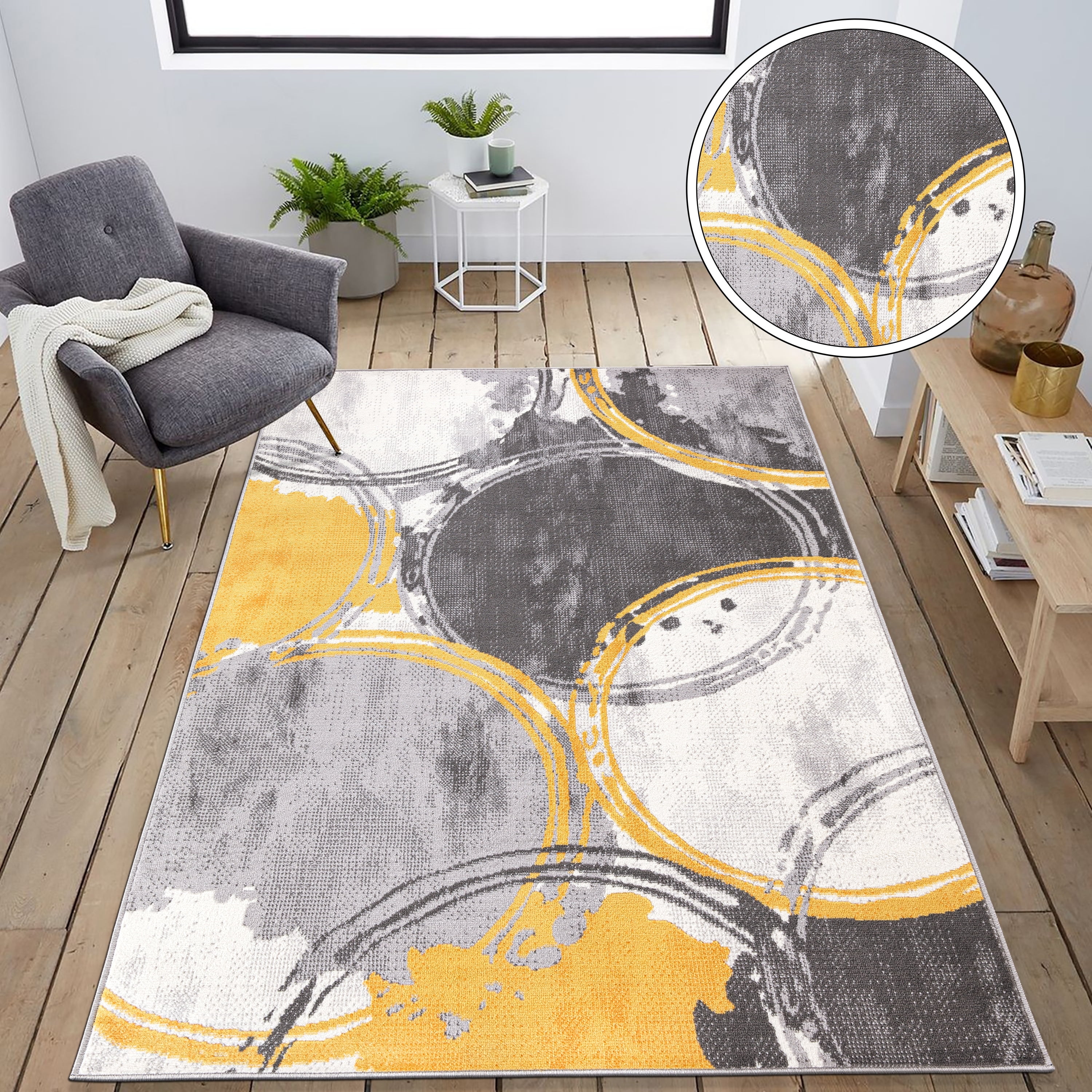 Yellow and Gray Geometric Circles 5' x 7' Synthetic Area Rug