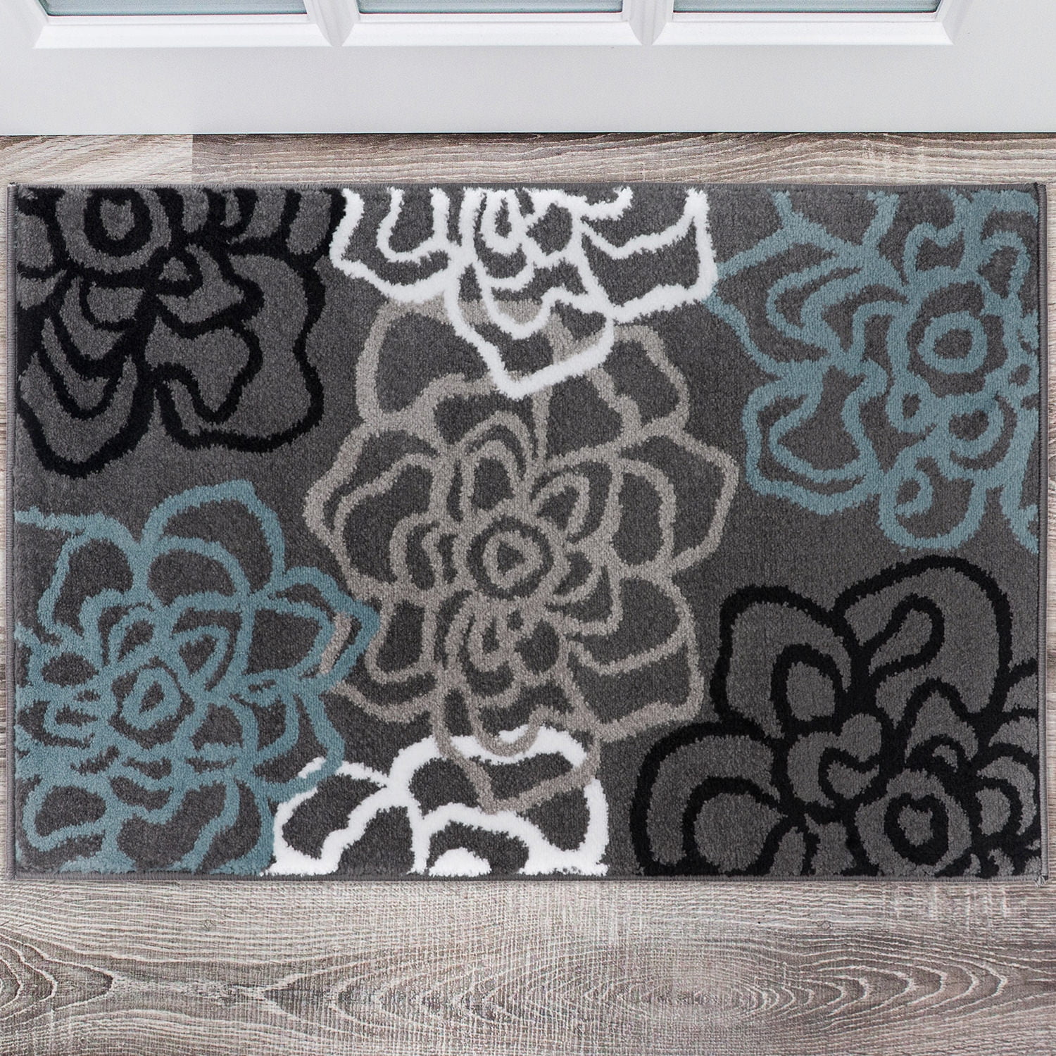 Elegant Gray Floral Synthetic Round Rug 2' x 3'