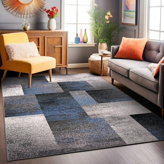 World Rug Gallery Contemporary Modern Geometric Boxes Area Rug - Blue 5' x 7'