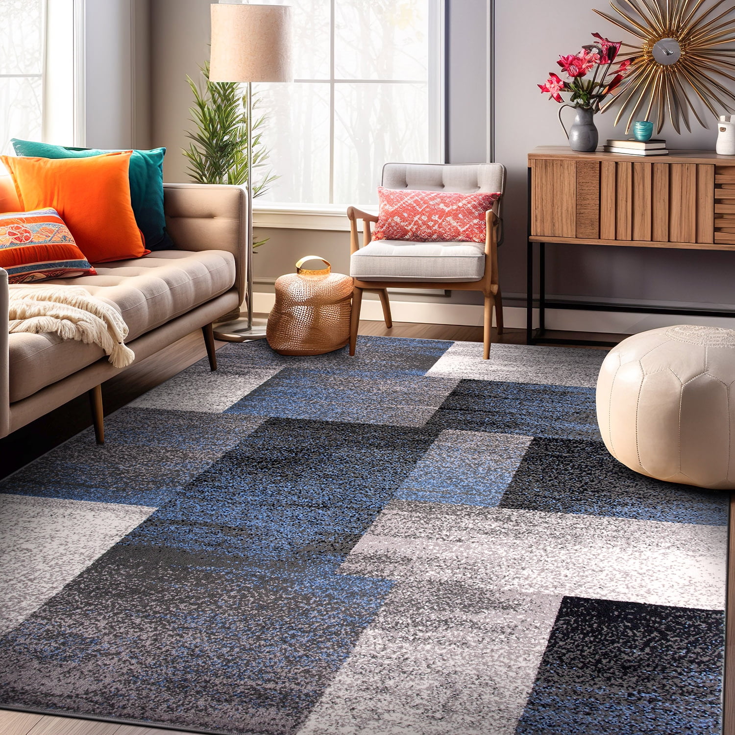 Blue and Gray Geometric Low Pile Area Rug 5' x 7'