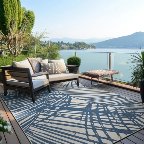 World Rug Gallery Contemporary Nature Inspired Tropical Leaves Reversible Indoor/Outdoor Area Rug - Blue 5'x7'