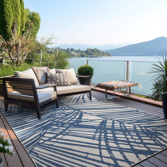 World Rug Gallery Contemporary Nature Inspired Tropical Leaves Reversible Indoor/Outdoor Area Rug - Blue 5'x7'