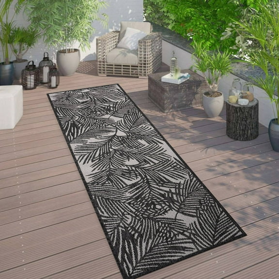 World Rug Gallery Contemporary Palm Leaf Textured Flat Weave Indoor/Outdoor Area Rug - BLACK 2'x7'