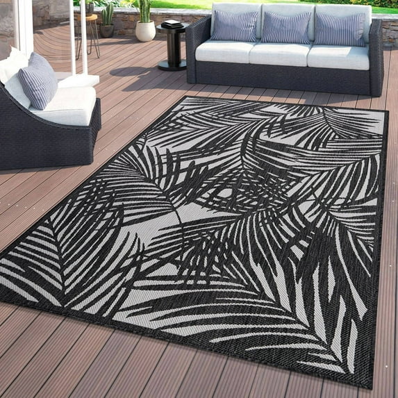 World Rug Gallery Contemporary Palm Leaf Textured Flat Weave Indoor/Outdoor Area Rug - BLACK 5' X 7'