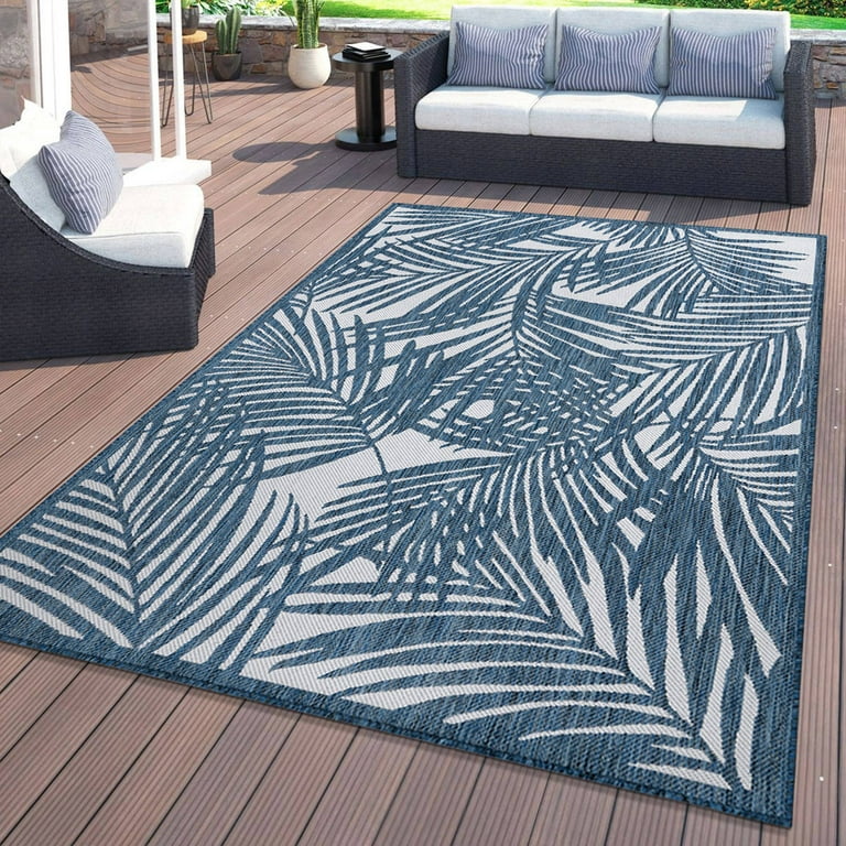 5'X8' Turquoise Blue Hand Hooked Uv Treated Tropical Leaves Indoor Outdoor Area Rug 5'X8' Turquoise Blue Hand Hooked Uv Treated Tropical Leaves Indoor Outdoor Area Rug