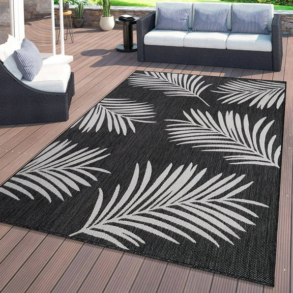 World Rug Gallery Contemporary Palm Leaves Textured Flat Weave Indoor/Outdoor Area Rug - BLACK 7'10"X10'