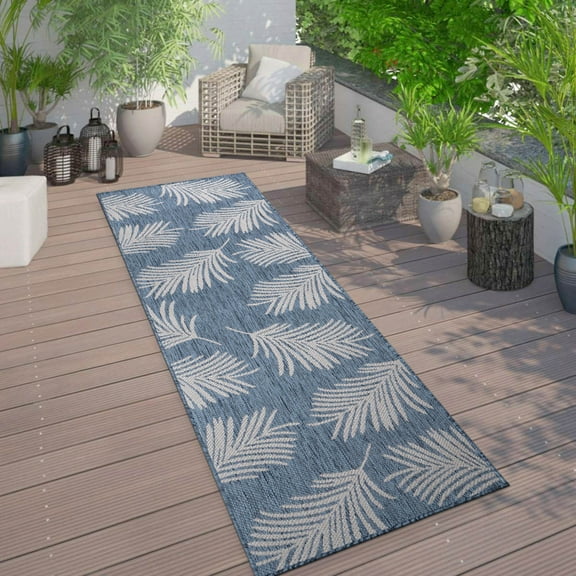 World Rug Gallery Contemporary Palm Leaves Textured Flat Weave Indoor/Outdoor Area Rug - BLUE 2'x7'