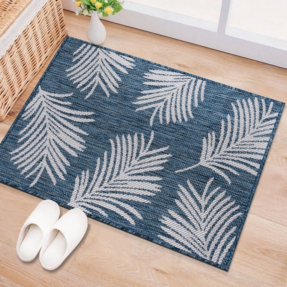 World Rug Gallery Contemporary Palm Leaves Textured Flat Weave Indoor/Outdoor Door Mat - NAVY 2'x3'